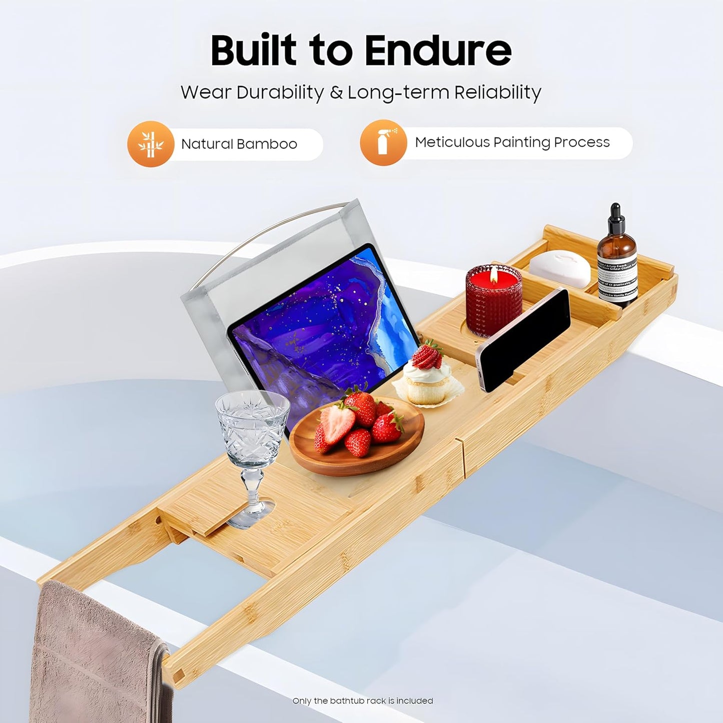 Bathtub Tray, Expandable Bamboo Bath Tray Wood Bath Caddy with Wine Glass Holder, Book & Tablet Stand for Bathroom Accessories Spa Relaxation Housewarming & Wedding Gift