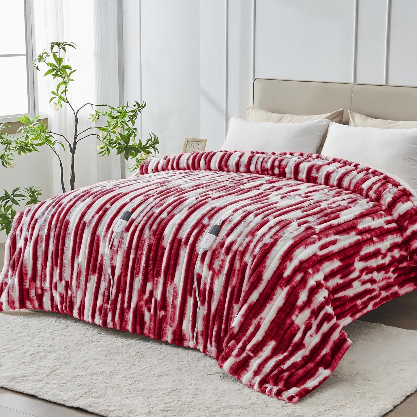 Heated Blanket Queen - 84"x90" Dual Control Bed Electric Blankets with 6 Heating Levels & 10 Hours Auto Off, Soft Ribbed Faux Fur Sherpa, Over-Heated Protection ETL, Red