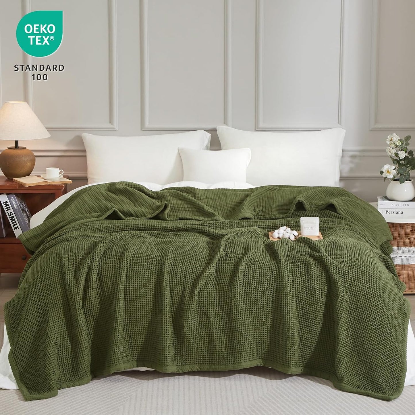 PHF 100% Cotton Waffle & Muslin Blanket Twin Size, Soft Breathable Luxury 400GSM Versatile Reversible Bedding for Bed, Great for Layering in Cold Weather, Home Decor Gift, 66" x 90", Olive Green