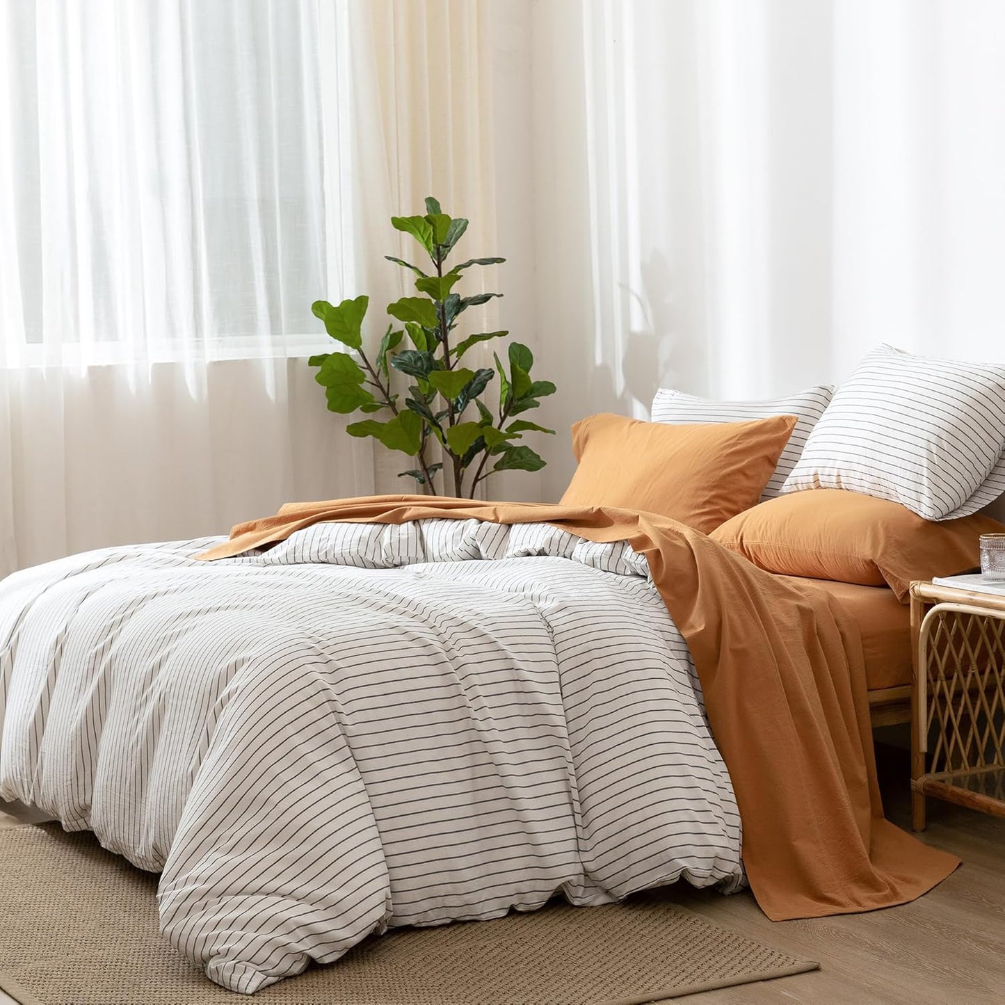 MooMee Bedding Sheet Set 100% Washed Cotton Linen Like Textured Breathable Durable Soft Comfy (Solid Burnt Orange, Twin)
