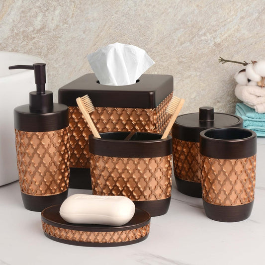 Decozen Bathroom Accessories Set 6Pcs – Soap Dispenser, Toothbrush Holder, Tumbler, Soap Dish & Cotton Swab Jar – Modern Bathroom Decor, Bath Set for Christmas Decor, Wally