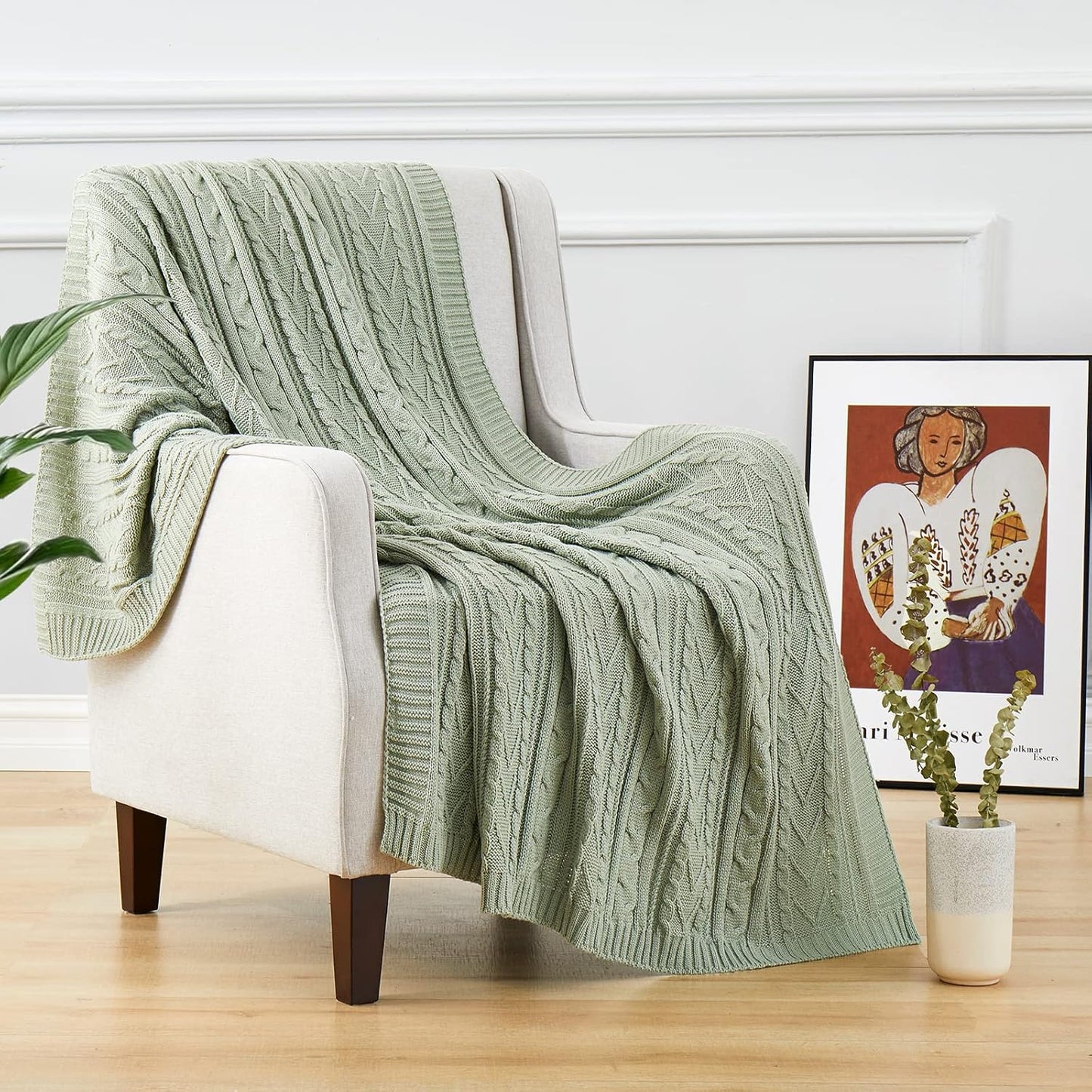 Aormenzy Sage Green Cable Knit Throw Blankets for Couch Bed Sofa, Acrylic Knitted Blanket, Soft Cozy Throw Blanket, 50" x 60"