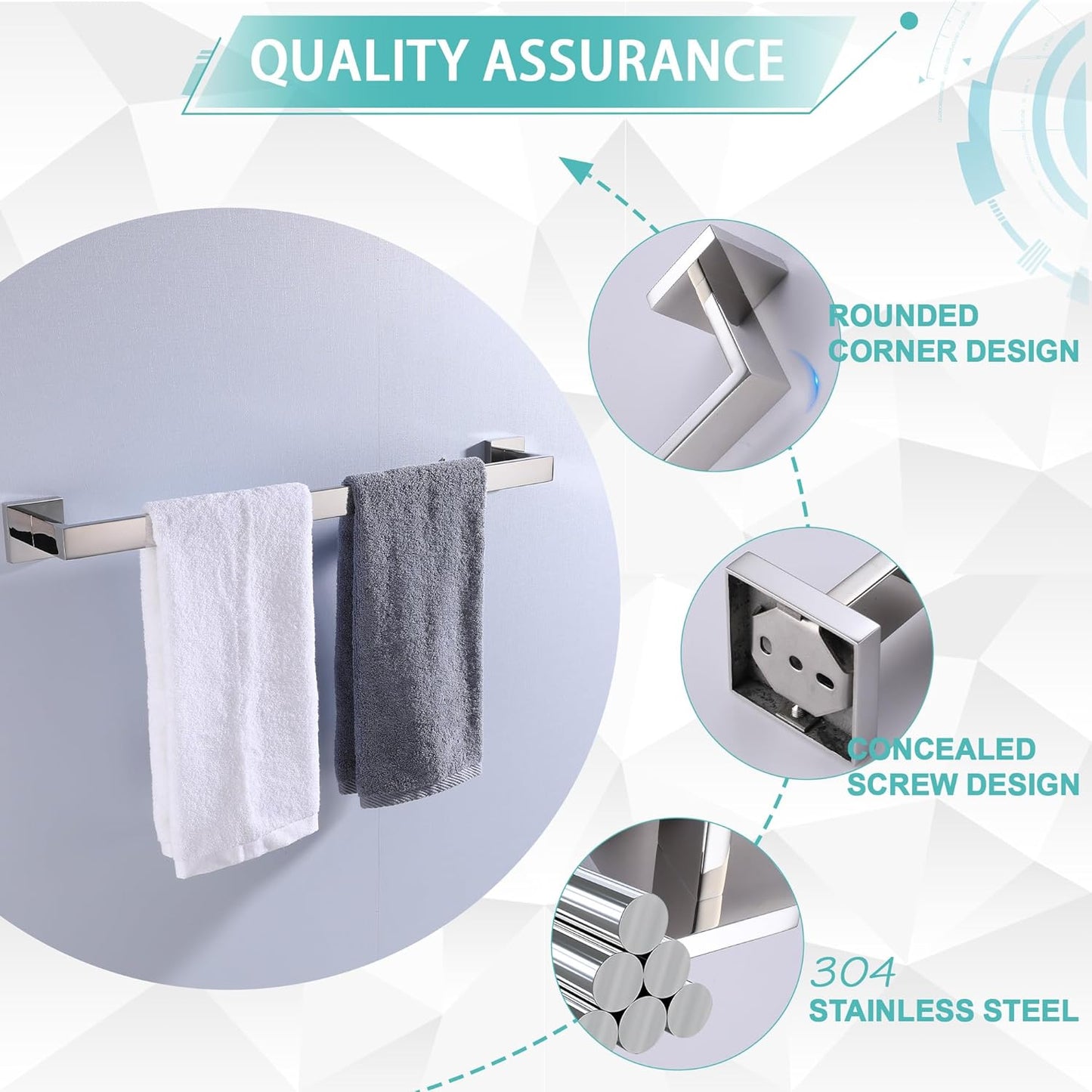 LANC Bath Towel Bars Chrome Polished 2 Pack 24-Inch Bathroom Towel Rail Square Towel Racks Kitchen Towel Holders Stainless Steel Wall Mount Silver Towel Hanger Towel Rods,A8804-6CP