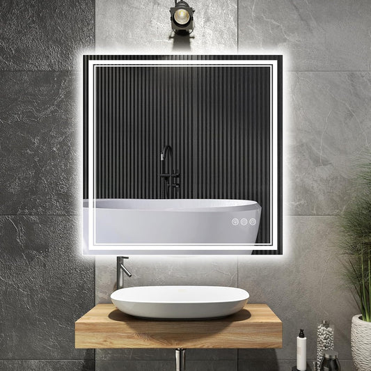 30x30 Inch LED Bathroom Mirror with Frontlit & Backlit（Independent Control）, Lighted Mirror for Bathroom Wall with 3-Color Dimmable & Anti-Fog, Vanity Mirror with Lights