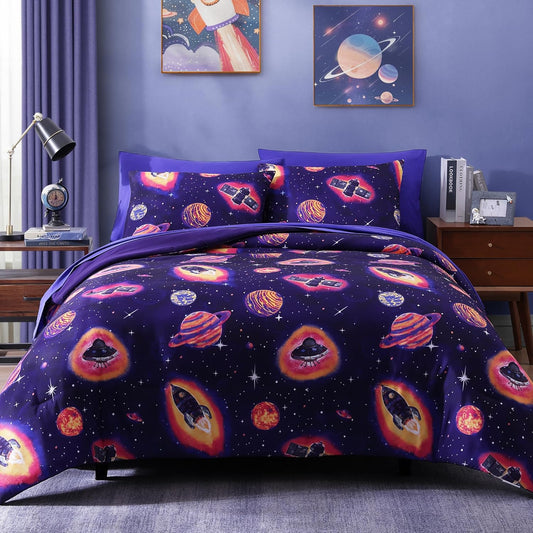 Full Size Comforter Set for Boys-7 Pieces Space Rocket Full Bedding Sets for Kids, Ultra Soft Bed in A Bag with Sheets