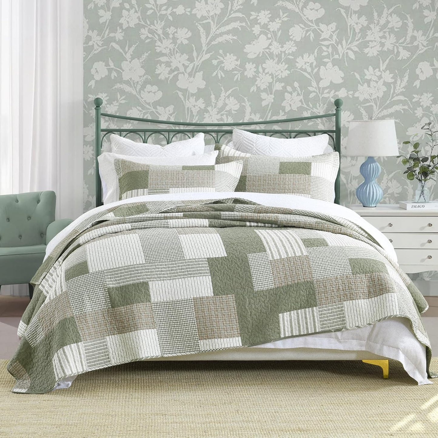 Uniclinens Plaid Quilt Set Queen Size, Patchwork Light Green Quilt Bedding Set, 100% Cotton Bedspreads, Farmhouse Rustic Lightweight Comforter, 3 Pieces Set with 2 Pillowshams, Green/Brown/Beige