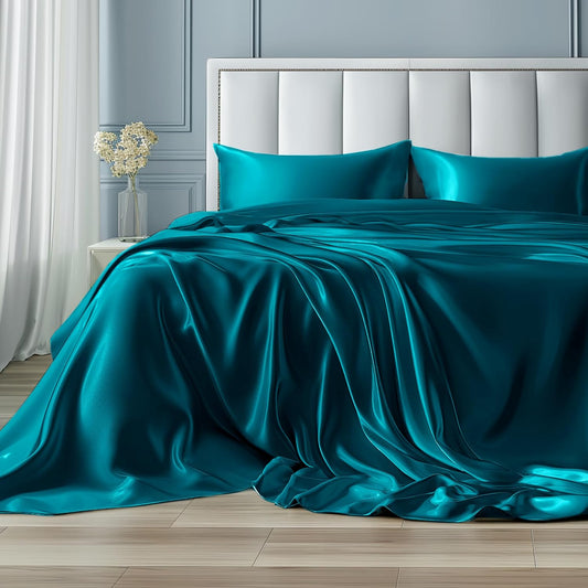 Bedsure Satin Sheets King Size - 4 Piece Silky Bedsheets with 15 Inches Deep Pocket Fitted Bedsheet,1 Flat Sheet, 2 Satin Pillowcases, Good for Hair & Skin (King, Teal)