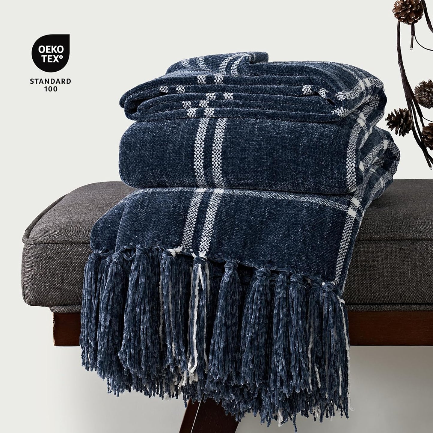 EVERGRACE Plaid Chenille Throw Blanket for Couch, Super Soft Cozy Decorative Windowpane Grid Plaid Throw with Tassels, Lightweight Chenille Knit Throw for Bed Sofa Gift, Navy & White 60”x80”