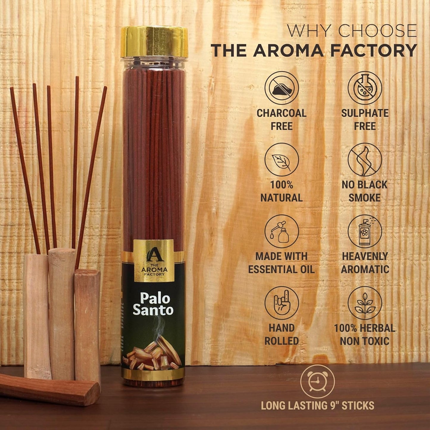 The Aroma Factory Organic Incense Sticks PaloSanto (Herbal Agarbatti for Smudging, Cleansing) 0% Charcoal, 0% Sulphates, 1 x 100g Bottle