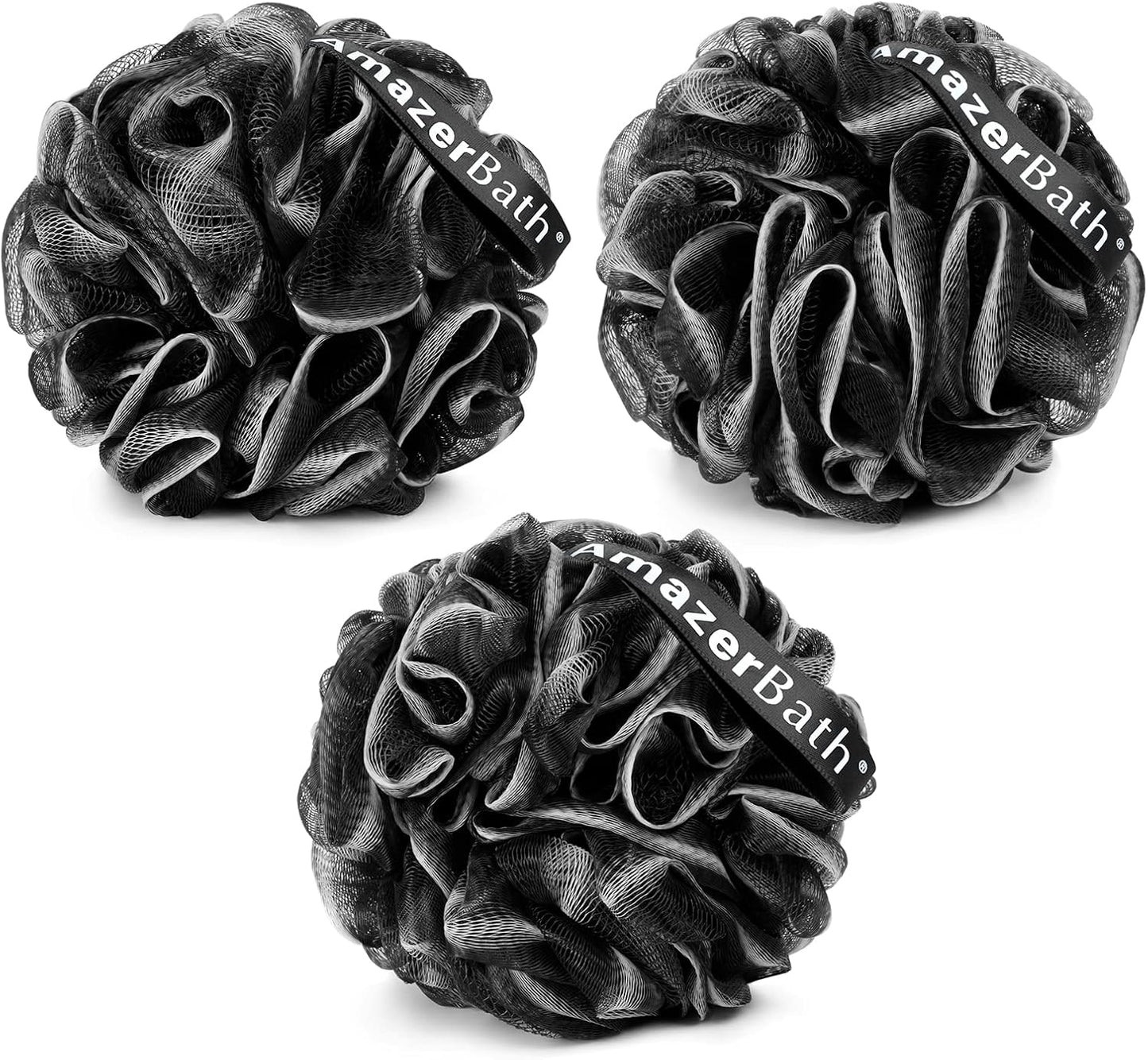 AmazerBath Loofah Sponge, Shower Loofah for Men and Women - Body Scrubber Loofa Set of 3 Classic Black & White Edge, Bath Sponge 60g/PCS