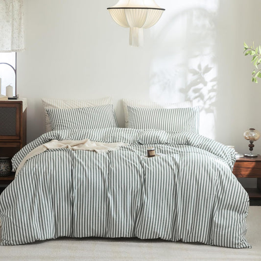 FOSSA Striped Duvet Cover Set 100% Washed Cotton Linen Feel Super Soft Breathable Cozy 3 Pieces Bedding Sets Heathered Green Classic Stripes King