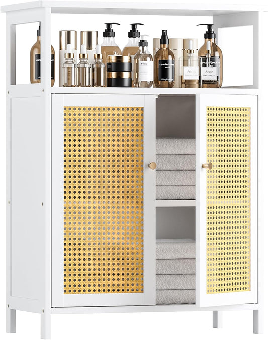 HITNET Bamboo Cabinet, Rattan Storage Cabinet with Doors, Freestanding Floor Cupboard for Bathroom, Living Room, Hallway, White