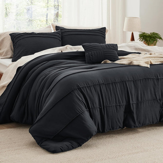 Bedsure California King Comforter Set - 4 Pieces Pinch Pleat Bed Set, Black Boho Bedding for All Season, 1 Soft Comforter, 2 Pillowcases, 1 Decorative Pillow