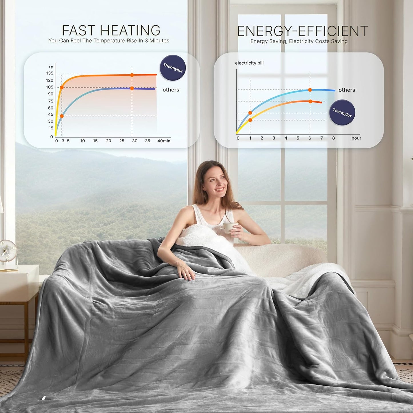 Electric Blanket Full 72"x84" Heated Electric Blankets 10 Heating 12 Time Settings Levels 8 Hours Auto Off Fast Heating and Overheat Protection ETL Certified Machine Washable,Light Grey