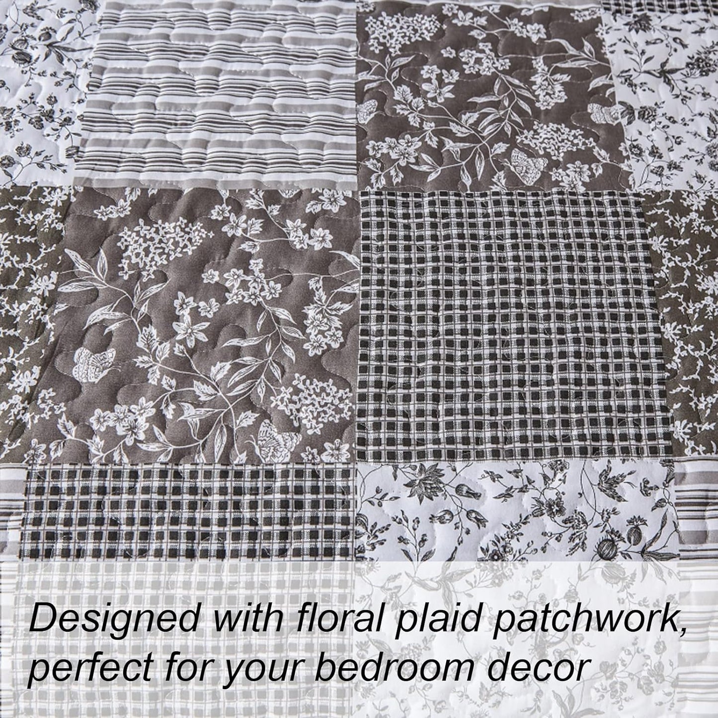 Mybedsoul Grey Boho Quilt Set King Size,3 Pieces Plaid Floral Bedspread Coverlet Set for All Season,Patchwork Reversible Bedding Set King 90"x104"