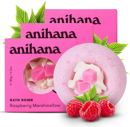 ANIHANA Bath Bombs with Coconut Oil, Paraben Free, Hand-Crafted Luxury Fizzers, Refreshing Raspberry Marshmellow Scent, 6.3 oz Each, 3 Pack