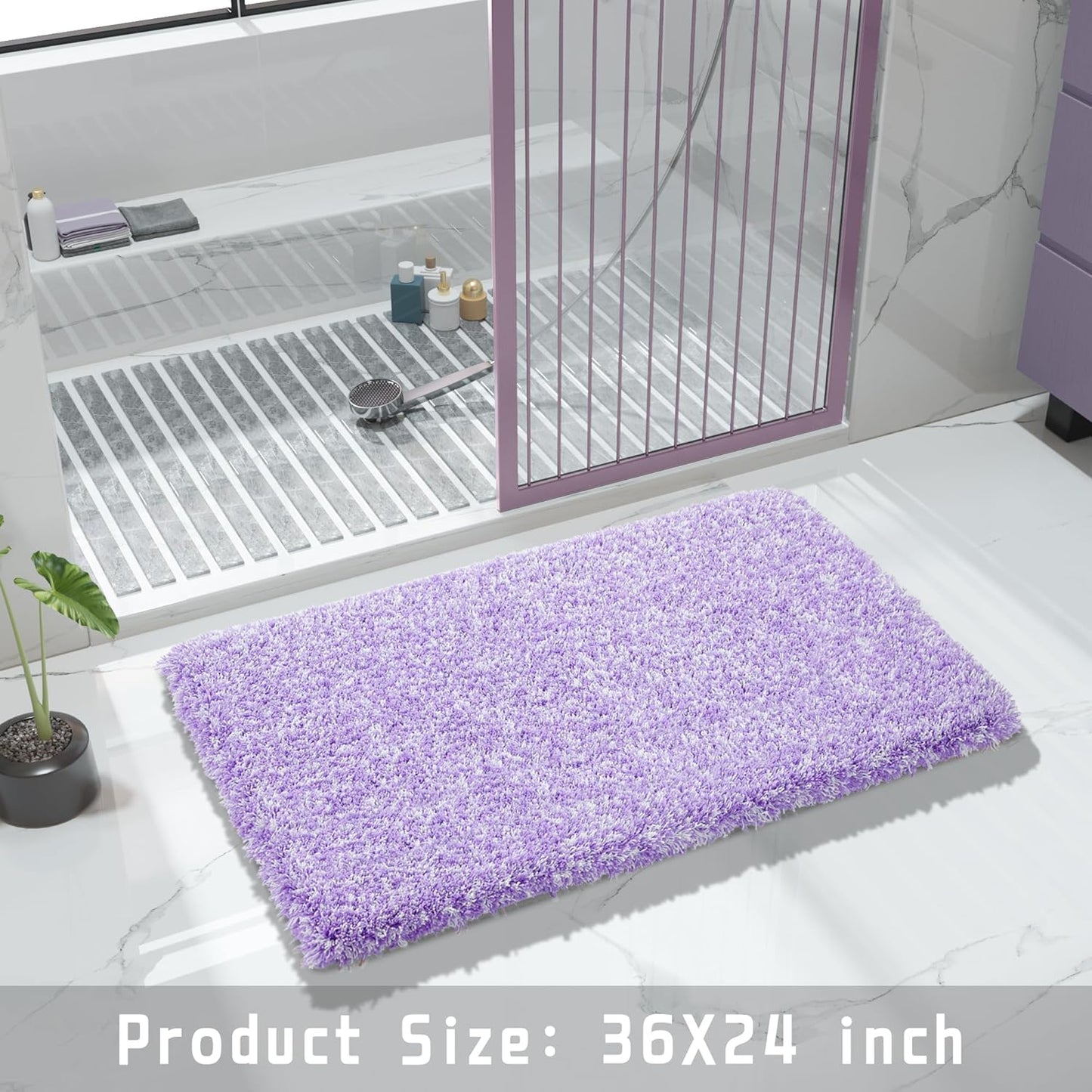 Yimobra Bathroom Rugs Non Slip Washable 36x24, Ultra Soft and Water Absorbent Bath Mats, Plush Fluffy Shower Mat Outside, Luxury Microfiber Thick Matts for Bathroom Floor/Tub, Purple and White