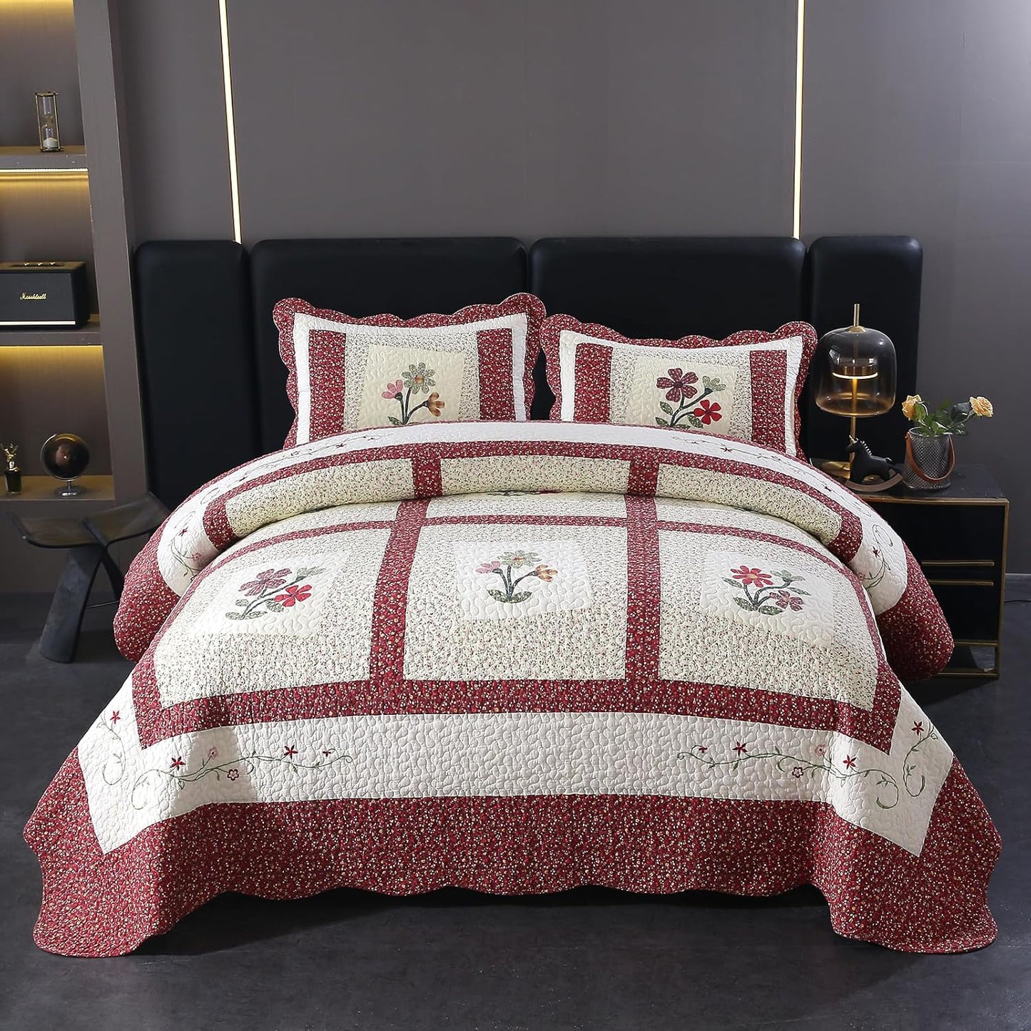 vctops Christmas Red 3 Piece Embroidered Floral Quilted Bedspread Quilt Set 100% Cotton Reversible Patchwork Coverlet Set 1 Quilt and 2 Pillow Shams (Red,Queen)