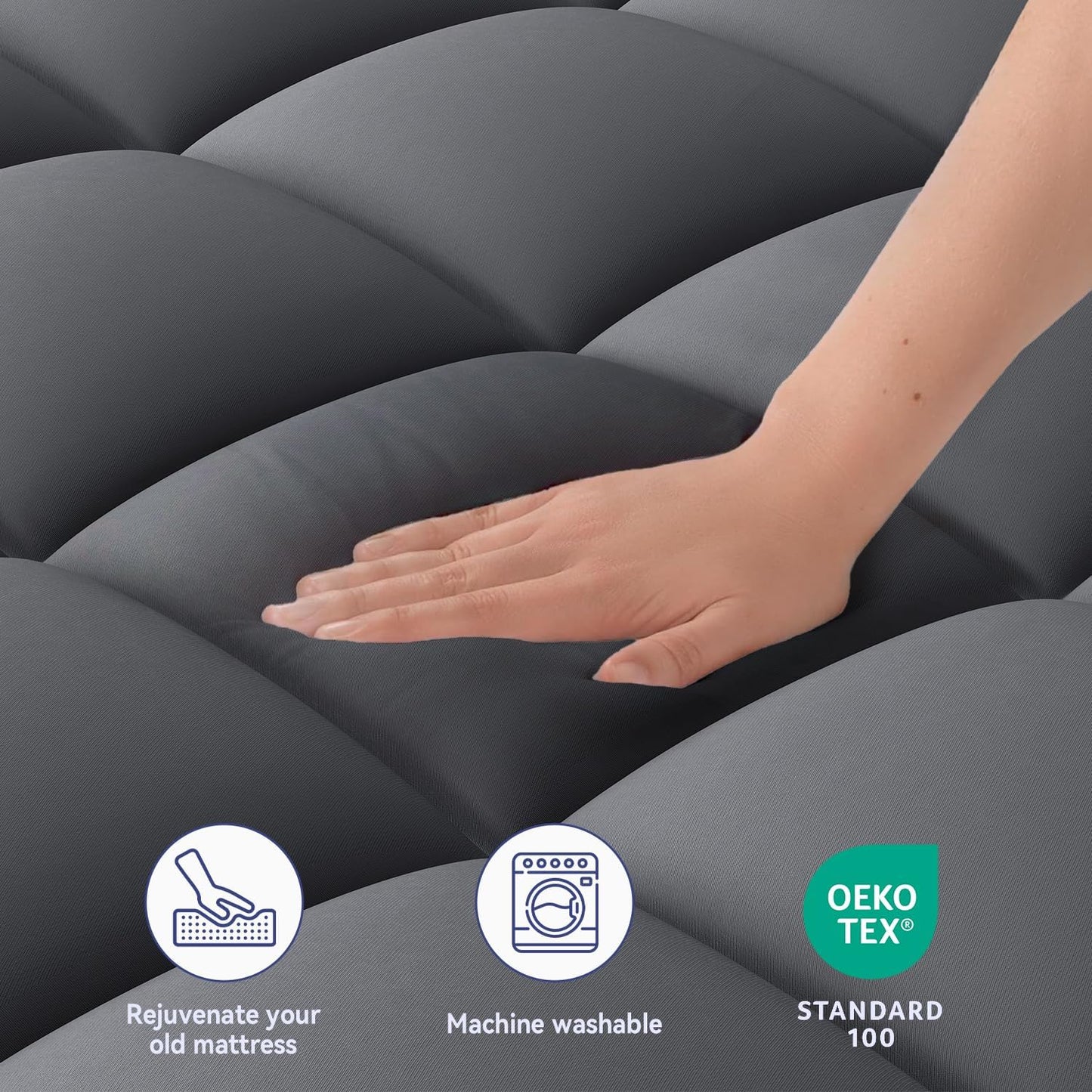ELEMUSE Twin Grey Mattress Topper for Back Pain, Extra Thick Mattress Pad Cover, Plush Soft Pillowtop with Elastic Deep Pocket, Overfilled Down Alternative Filling