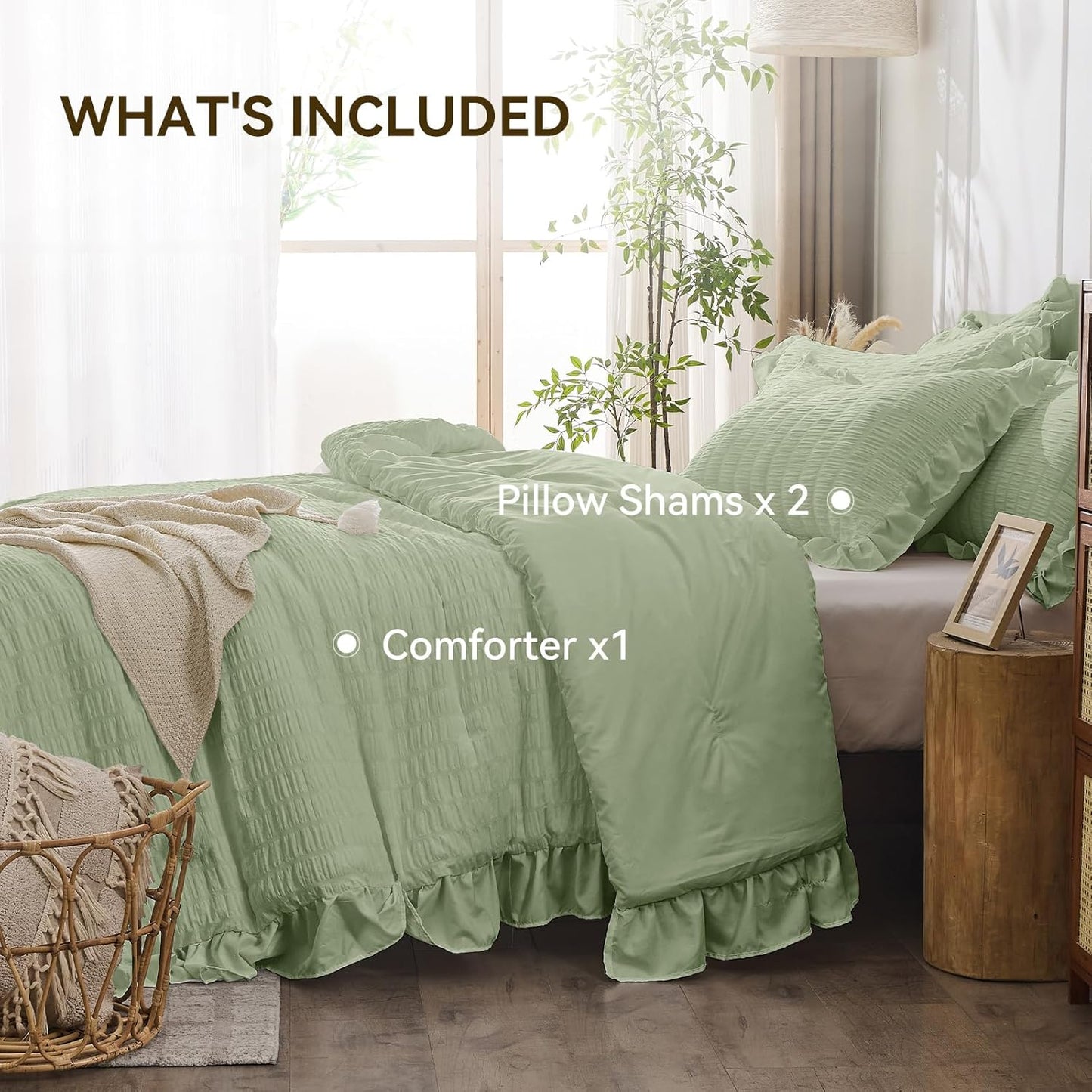 JOLLYVOGUE Sage Green King Comforter Set, 3 Pieces Seersucker Comforters King Size, Lightweight & Fluffy Bedding Sets King for All Season with 1 Ruffle Comforter and 2 Ruffle Pillowshams