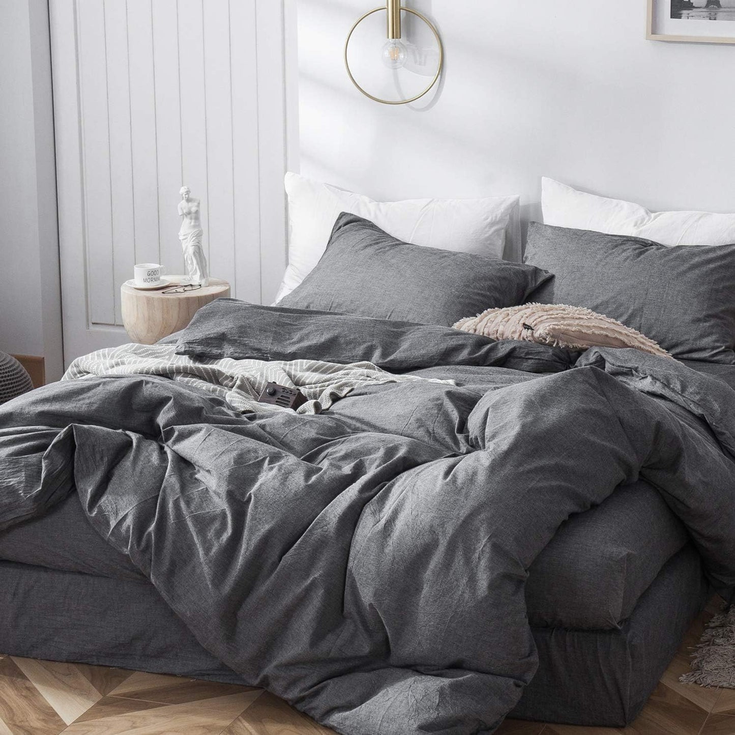 MooMee Bedding Duvet Cover Set 100% Washed Cotton Linen Like Textured Breathable Durable Soft Comfy (Heathered Dark Grey, Twin 68"x90")