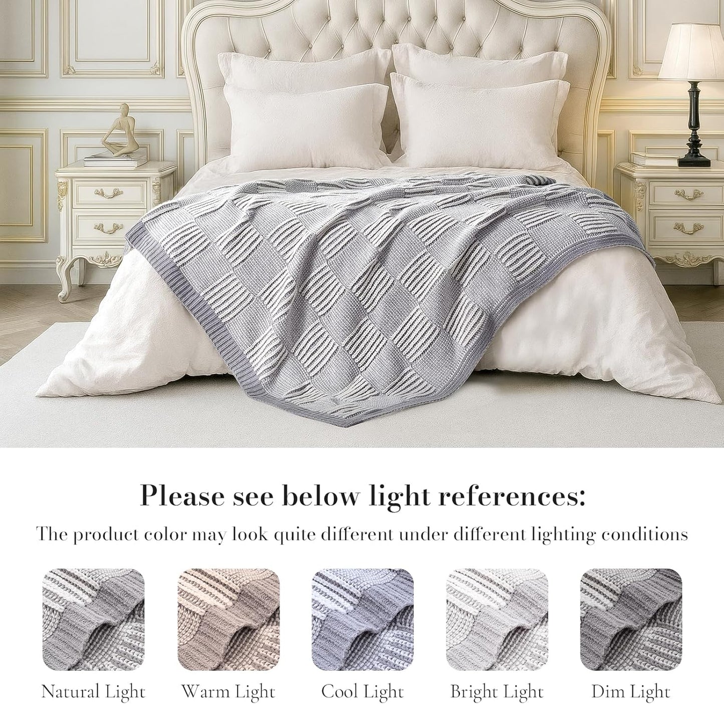 Amélie Home Checkered Knit Throw Blanket for Couch, Chenille Texture Decorative Soft Blanket for Sofa & Chair, 50"x60", Grey & White