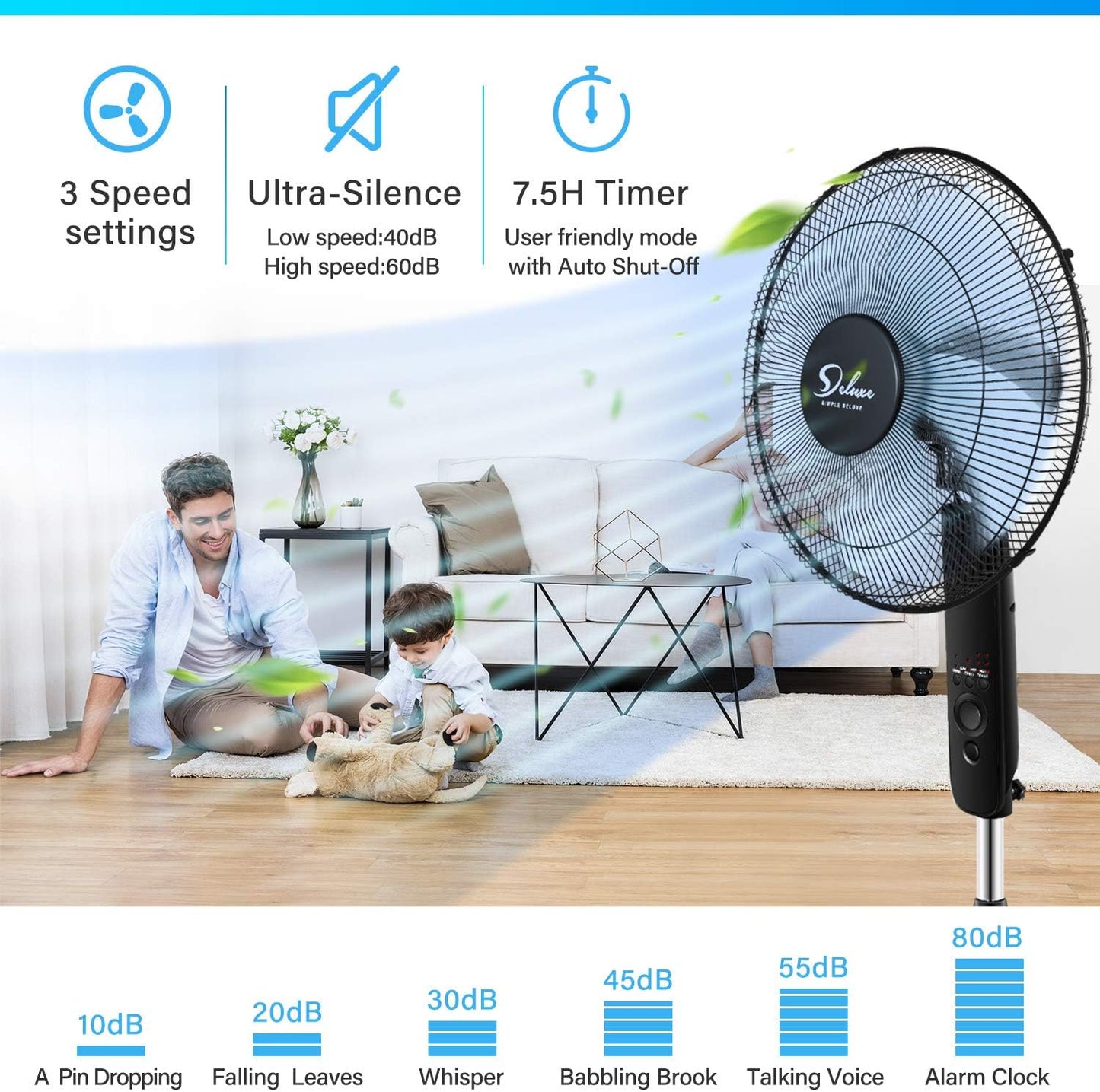 Simple Deluxe Oscillating 16″ Adjustable 3 Speed Pedestal Stand Fan with Remote Control for Indoor, Bedroom, Living Room, Home Office & College Dorm Use, 2 Pack, black