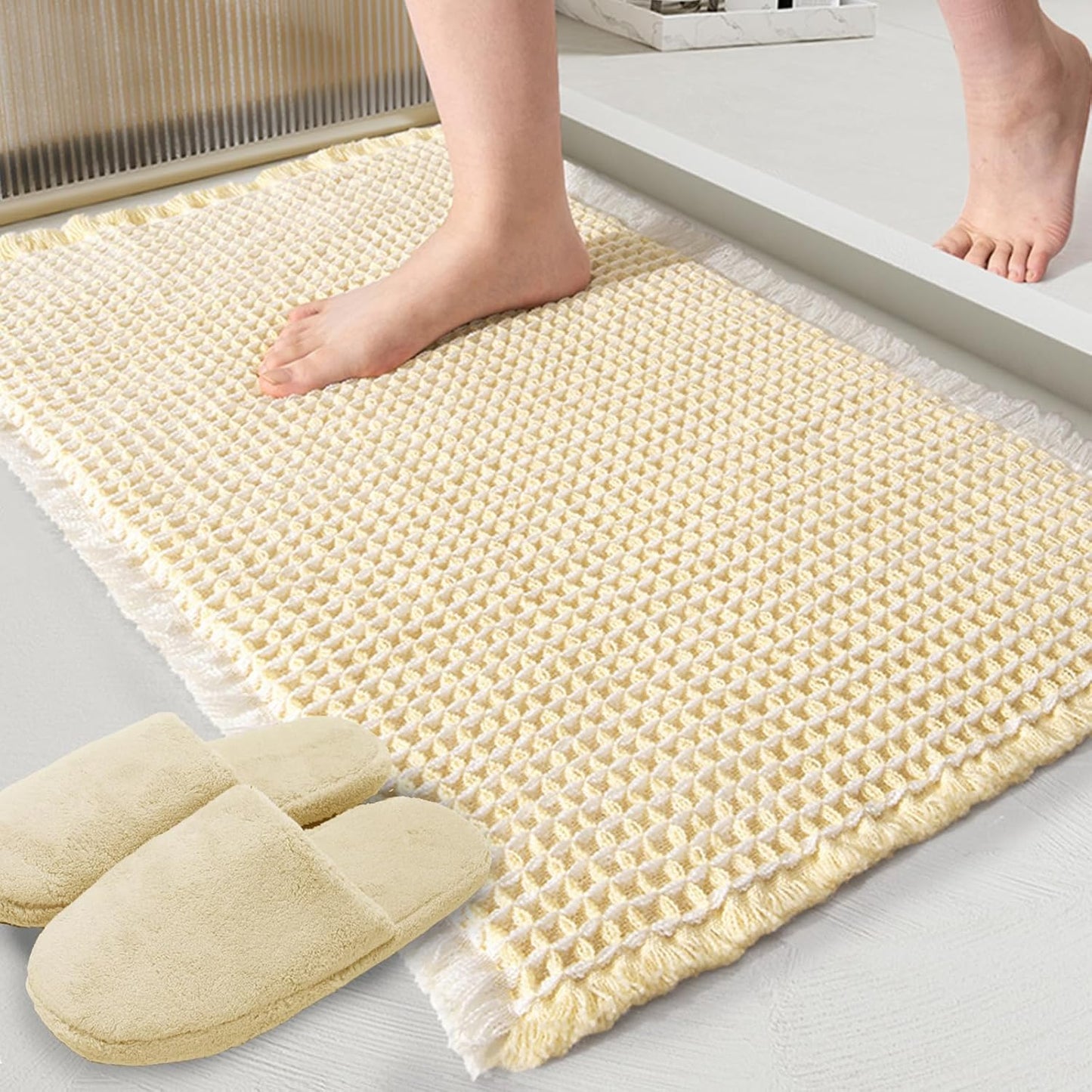 ZALL Beige Waffle Bath Mat,Super Absorbent Non Slip Bathroom Rug,Cream 17x24inch,Machine Washable Ultra Soft Floor Mats