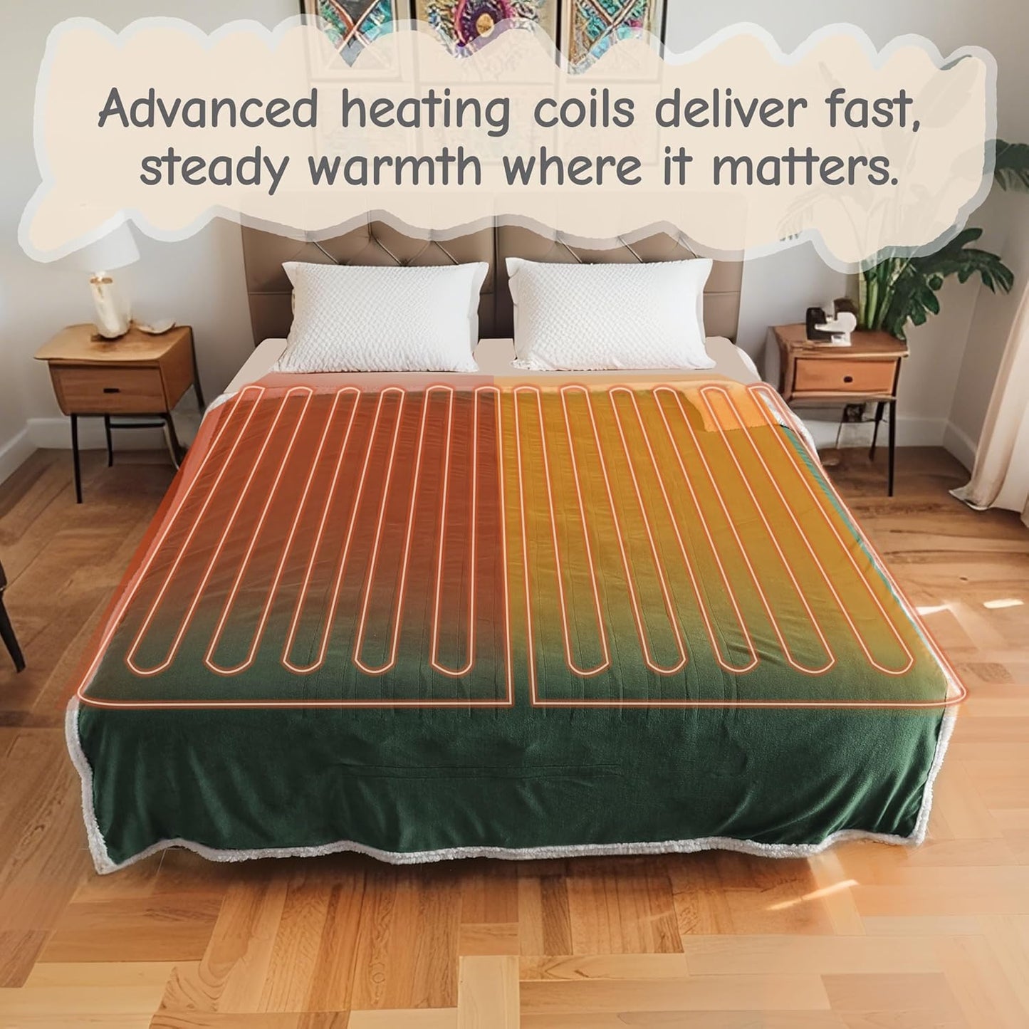 Electric Heated Blanket Queen Size 84"x90", Soft Flannel with Dual Controllers & Overheat Protection, 6 Adjustable Heat Settings & 10-Hour Auto-Off Timer, Fast Heating for Winter Comfort, Dark Green