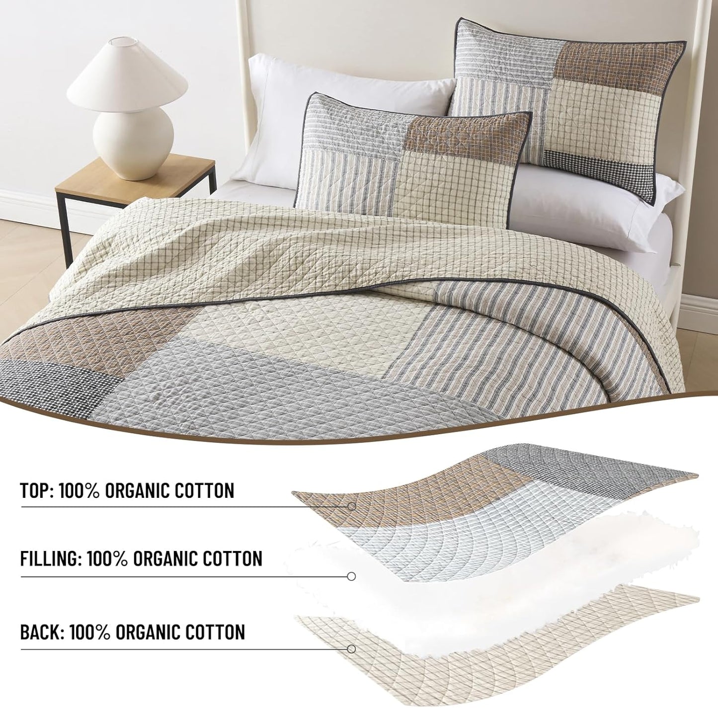 Real-Patchwork Plaid Queen Quilt - 100% Cotton Farmhouse Beige Brown Gray Queen Size Quilts Bedspread, Lightweight Reversible Quilted Coverlet Bedding Set for All Season, 3-Piece(98"x90")