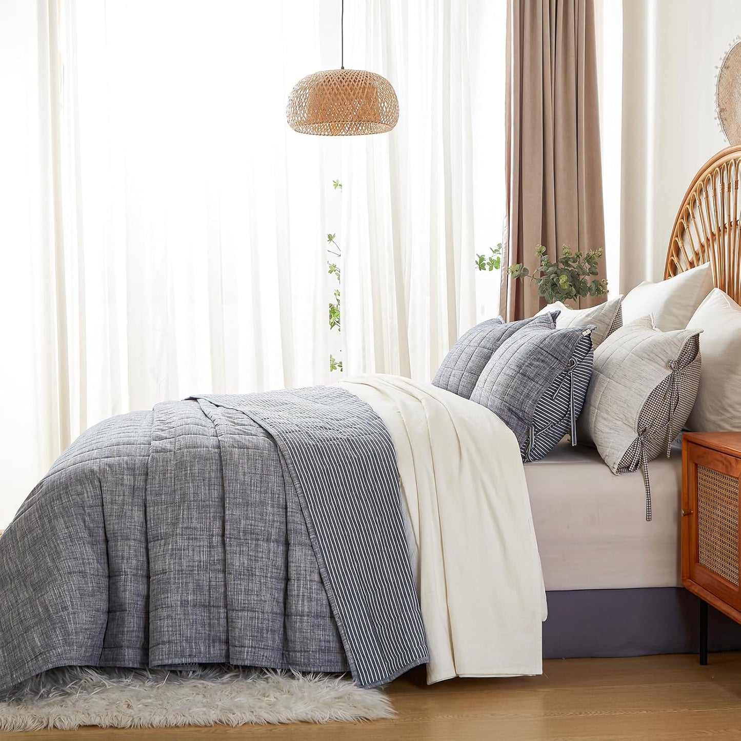 Navy Blue Quilt King Size Bed Spreads - 3-Piece Set with Blue Stripe Coverlet, Light Weight Quilt & 2 Pillow Shams