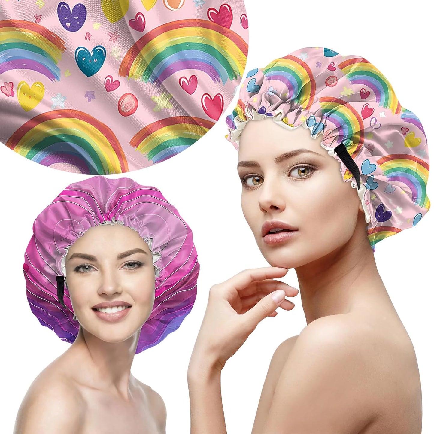 2 PCS Bonnets for Women Girls Satin Hair Bonnet Silk Adjustable Elastic Double Layer Hair Wrap Sleep Cap Comfort Cute-Rainbow Heart