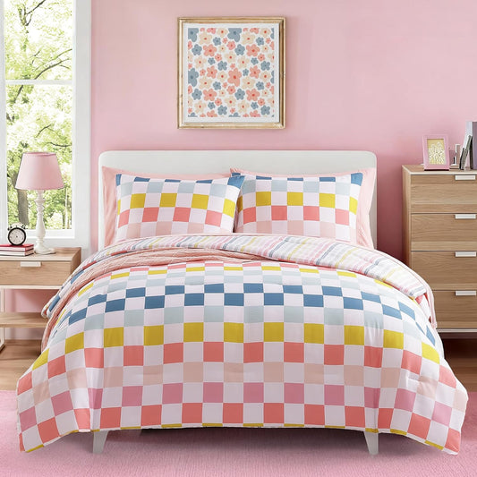 Full Size Comforter Set for Girls-7 Pieces Colorful Check Full Bedding Sets for Kids, Ultra Soft Bed in A Bag with Sheets