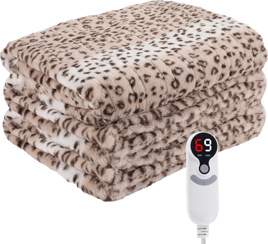 Electric Heated Blanket Full Size 72"x84", Cozy Large Oversized, 6 Heating Levels & 1-10 Hours Auto Off, Machine Washable, Leopard Print, Beige