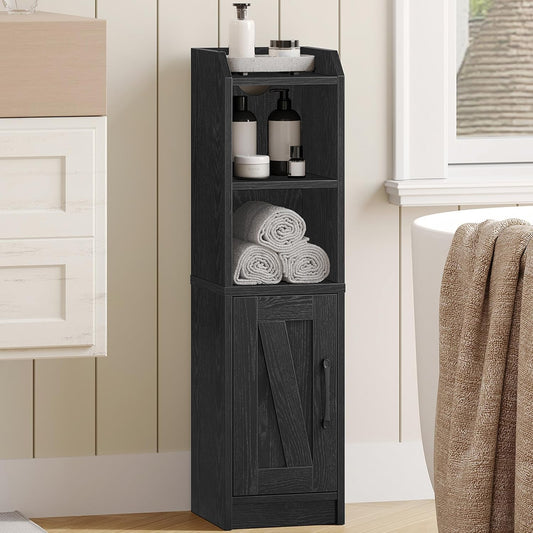 Bathroom Storage Cabinet, Small Farmhouse Corner Floor Cabinet with Door and Shelves, Narrow Toilet Paper Holder Stand, Bathroom Organizer with Adjustable Shelf, for Small Spaces, Black