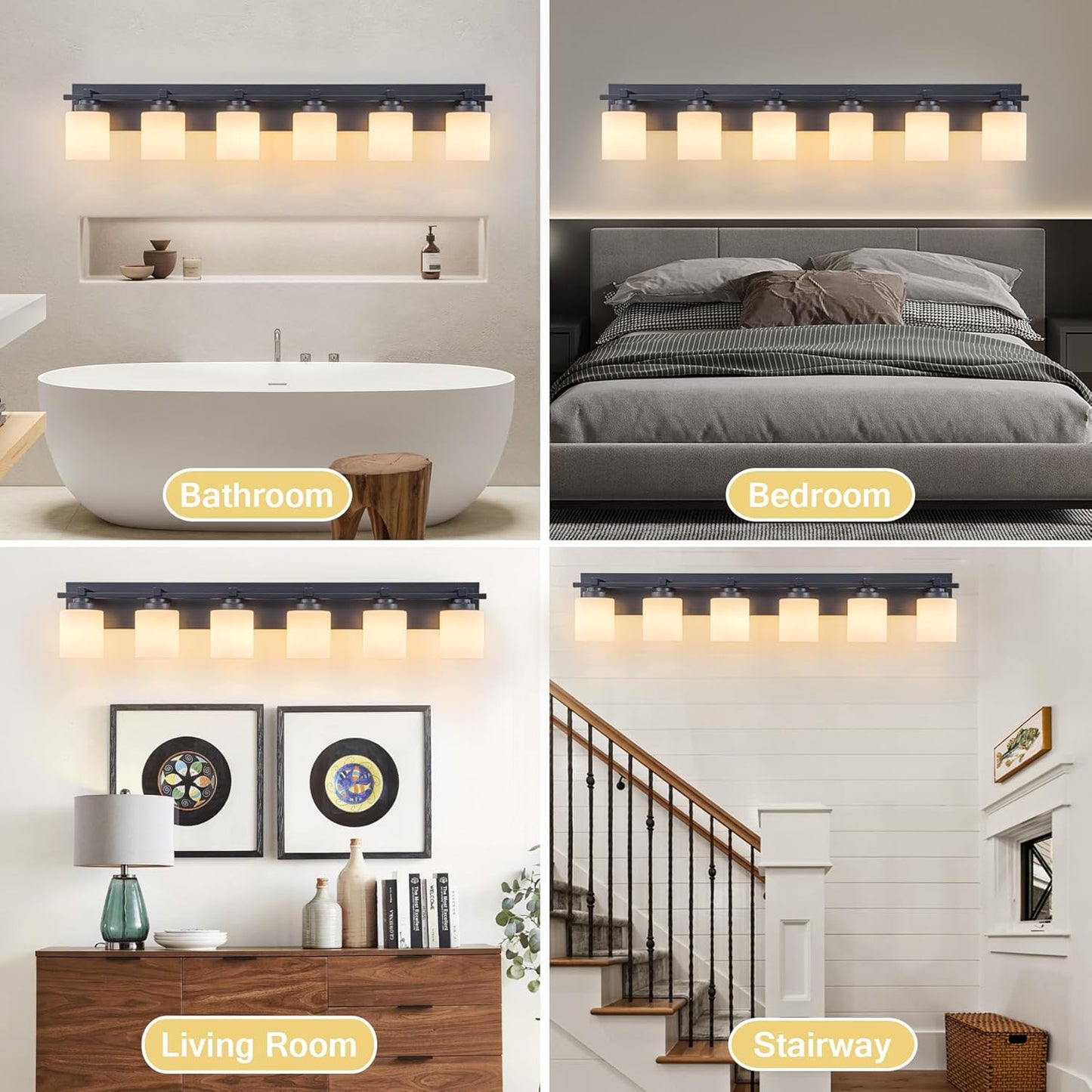 6 Light Modern Bathroom Light Fixtures Over Mirror, Black Vanity Lights for Bathroom Wall Sconces with Milky White Glass Shades, E26 Socket (Bulbs Not Included)