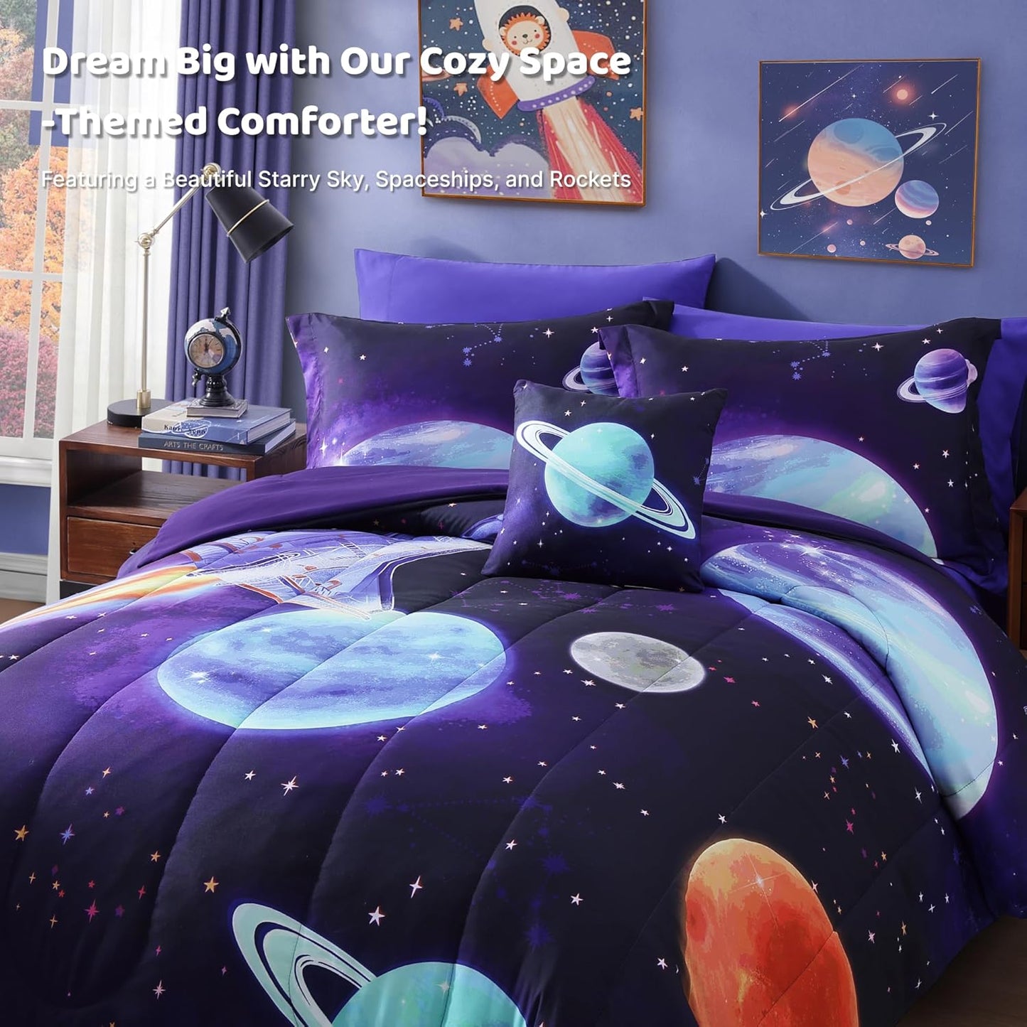 Full Size Comforter Set for Boys - 4 Pieces Navy Blue Space Rocket Full Bedding Sets for Kids, 1 Comforter, 2 Shams and 1 Decor Pillow