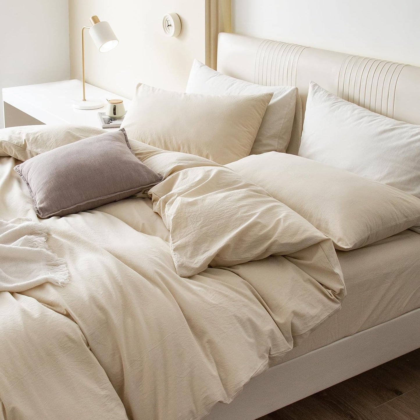 JIYUAN 100% Washed Cotton Duvet Cover Set 3 PCS Super King Plus, 1 Duvet Cover 120x120 Inches(Comforter Not Included) and 2 Pillowcases,Linen Feel Bedding Set Comfy and Breathable,Heathered Beige