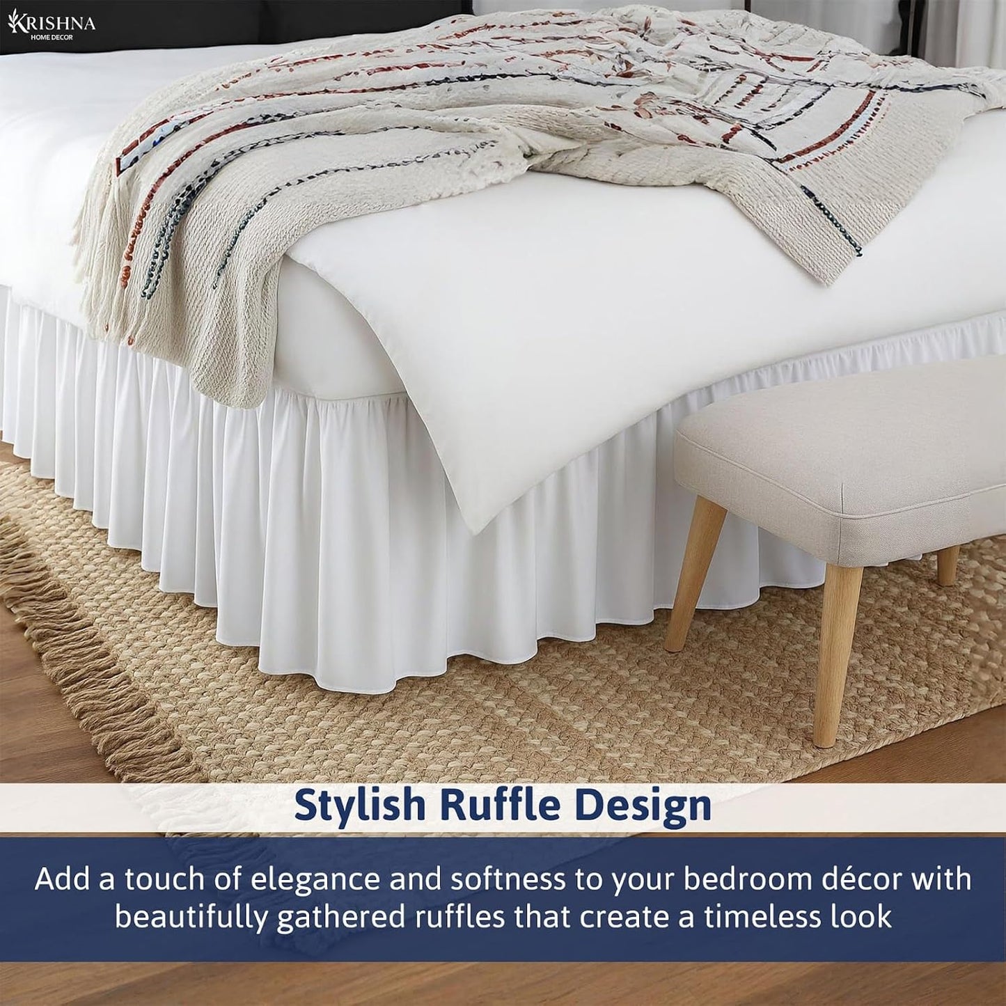 KRISHNA Ruffled Bed Skirt with Split Corners King, 100% Microfiber Hotel Quality, 15 Inch Drop Dust Ruffle Gathered Bedskirt with Platform, 78" x 80", White