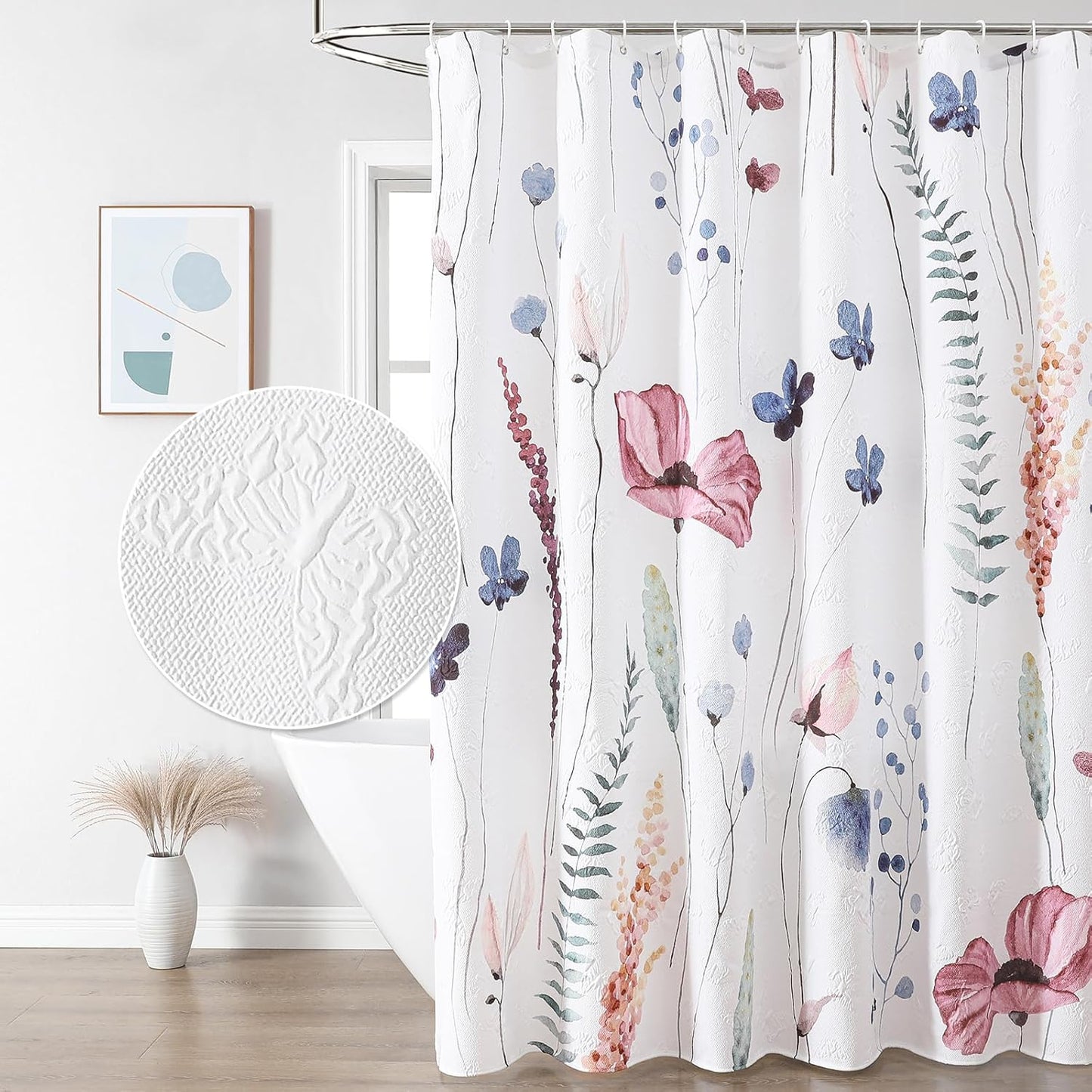 QiyI Spring Floral Shower Curtain, Watercolor Wildflowers Minimalist Bath Set, 3D Embossed Butterflies Botanical Flower Bathroom, Waterproof Fabric With Hooks, 72x72