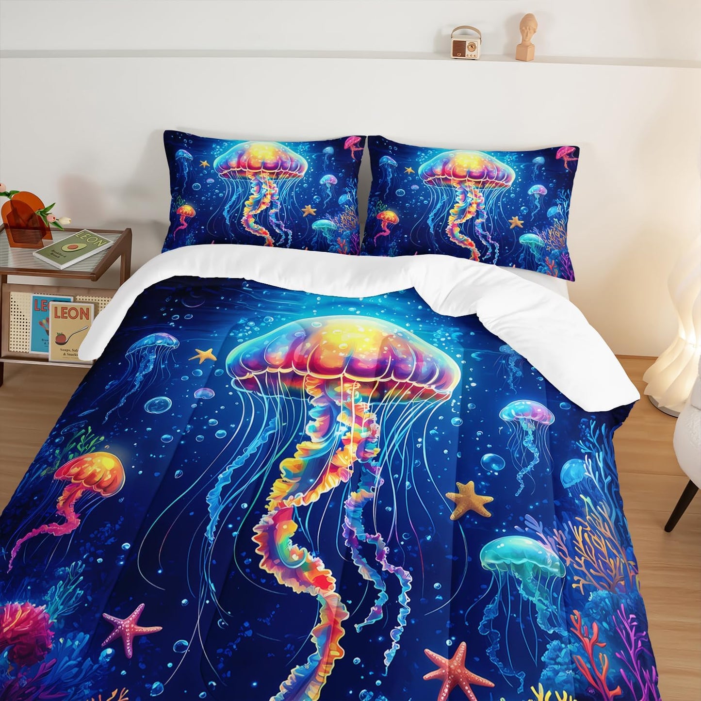 Fantasy Jellyfish Comforter King Bedding Sets for Girls Kids Toddlers,Coral Starfish Ocean Theme Bedroom Decor,Blue Underwater World Bedding Sets with 2 Pillowcases.