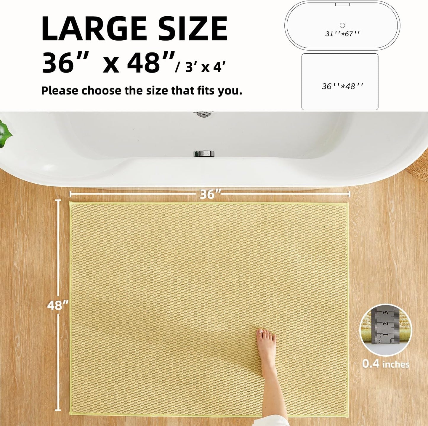 Large Bathroom Rugs Non Slip Washable Bath Rugs Super Absorbent Bathroom Rug Thin Quick Dry Low Pile Bath Mats, Yellow 36"x48"
