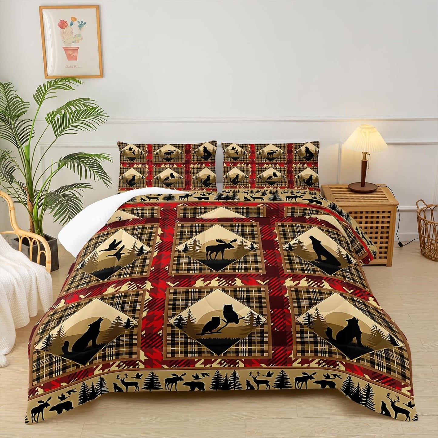 Red and Black Plaid Comforter Set King，King Size Bedding Set Animal Print，Rustic Farmhouse Quilt Bedding Sets King，Animal Print Bedroom Decor，with 1 Comforter with 2 Pillow Case