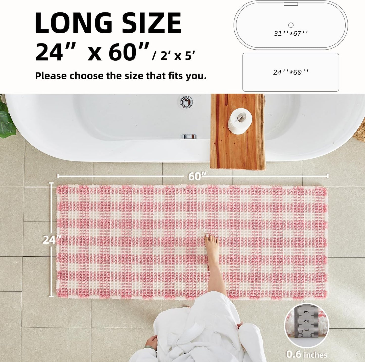 Waffle Runner Rug Bathroom, Long Boho Bathroom Rugs Non Slip Washable Absorbent Checkered Bathroom Mat Quick Dry Cute Bath Mat, 60"x24" Pink and White