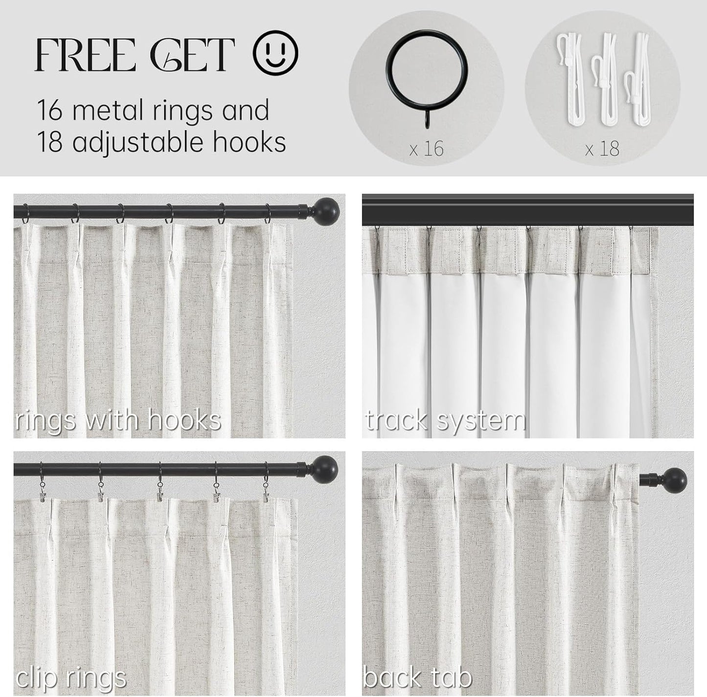 Topfinel 102 Inches Long Custom Blackout Linen Curtains, Pinch Pleated Noise Cancelling Curtains with Pin Hooks for Traverse Rods, Burlap Viral Drapes 2 Panels for Living Room Master Bedroom