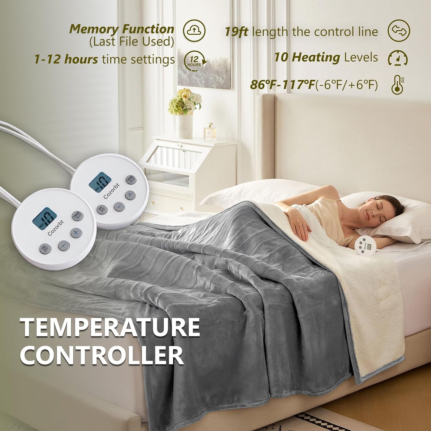 Heat Blanket 84”x90” Queen Size-Dual Control，Soft Flannel & Sherpa Electric Blanket with 10 Heat Settings,12 Timer Setting and 8 Hours Auto-Off,ETL Certified Machine Washable,Light Grey