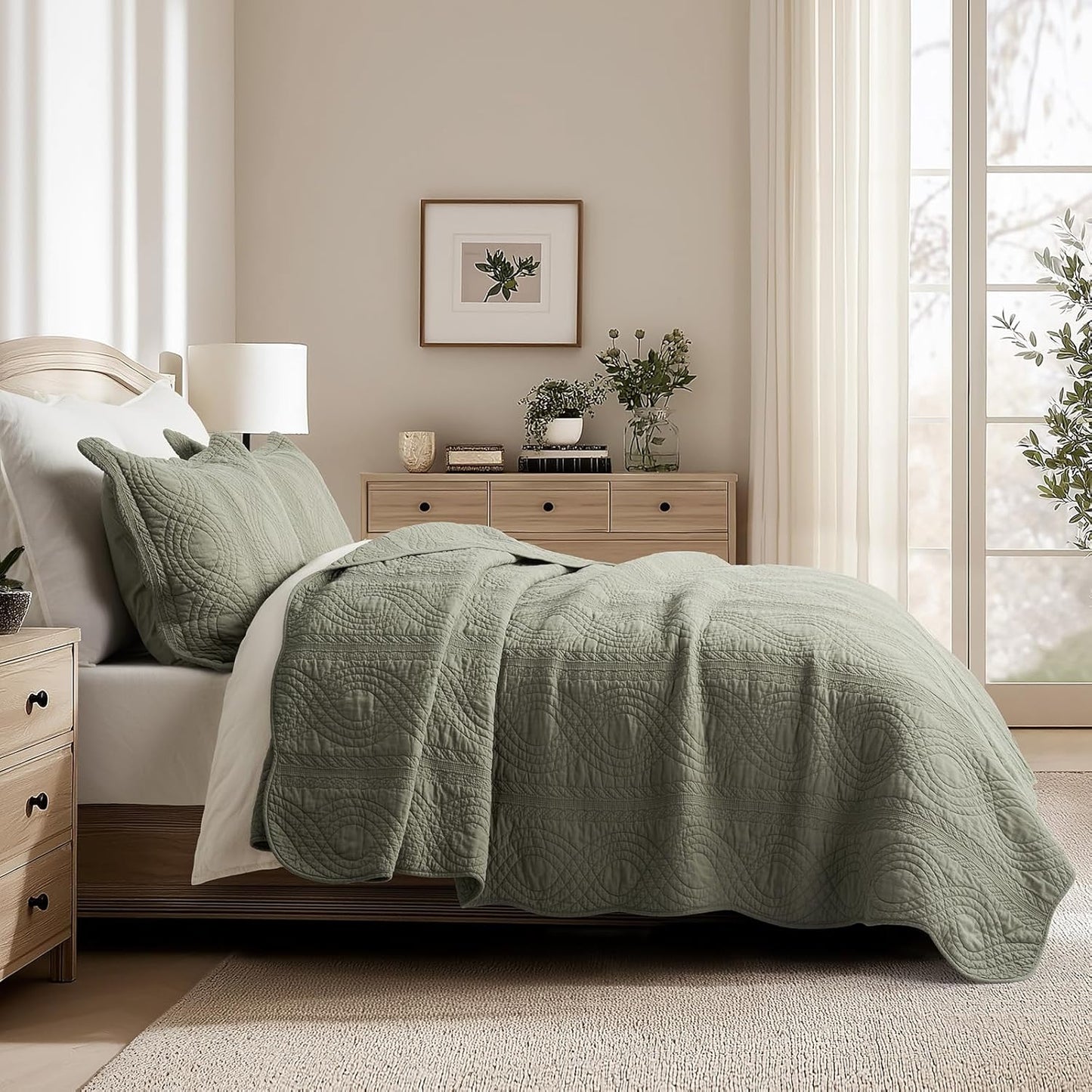 EVERGRACEHOME 100% Cotton Scallop Quilt Set, King Size 3 Piece Set – Lightweight Bedspread with 2 Shams, Soft Prewashed Matelasse Coverlet for Cozy and Elegant Bedding, Olive Green