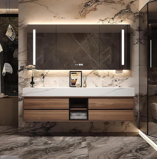 72IN Bathroom Vanity with Double Sink, Modern Bathroom Vanity with LED Smart Defog Mirror Cabinet & Integrated Ceramic Sink, Floating Vanities with Drawers and Glass Cabinet Door (Walnut)