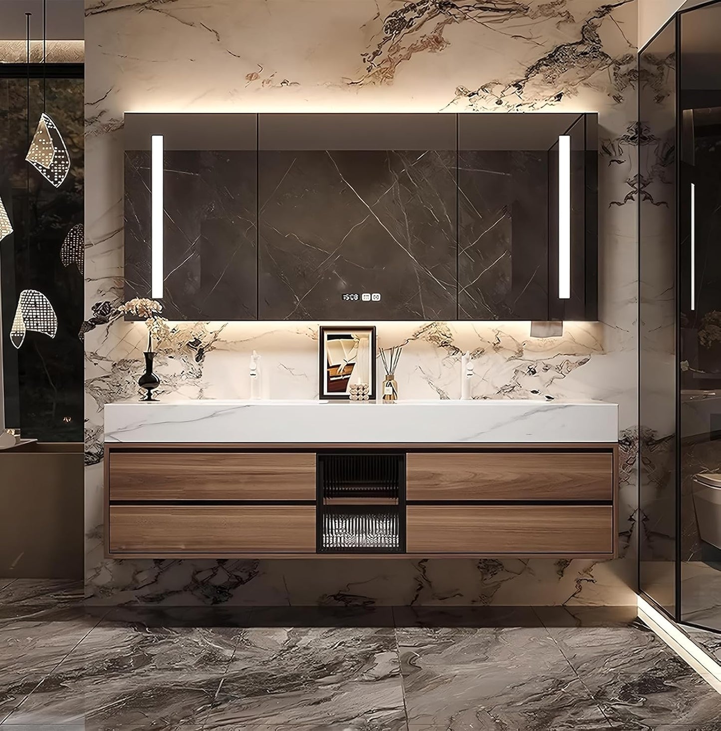 68IN Bathroom Vanity with Double Sink, Modern Bathroom Vanity with LED Smart Defog Mirror Cabinet & Integrated Ceramic Sink, Floating Vanities with Drawers and Glass Cabinet Door (Walnut)