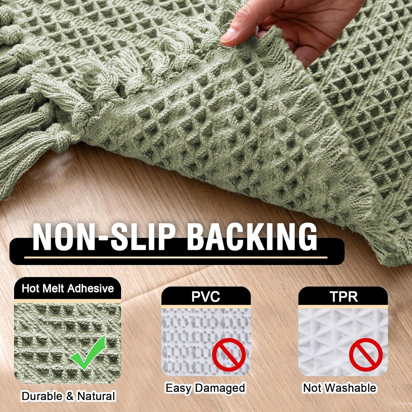 H.VERSAILTEX Waffle Bath Mat Super Absorbent Boho Bath Mat Non Slip Bath Rugs for Bathroom Floor Machine Washable Dry Fast Bathroom Rugs with Handmade Tassels, 20" x 32", Sage
